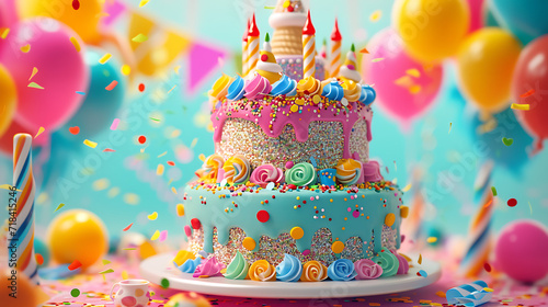 A whimsical and playful birthday cake  covered in colorful fondant  adorned with edible glitter  and featuring fun