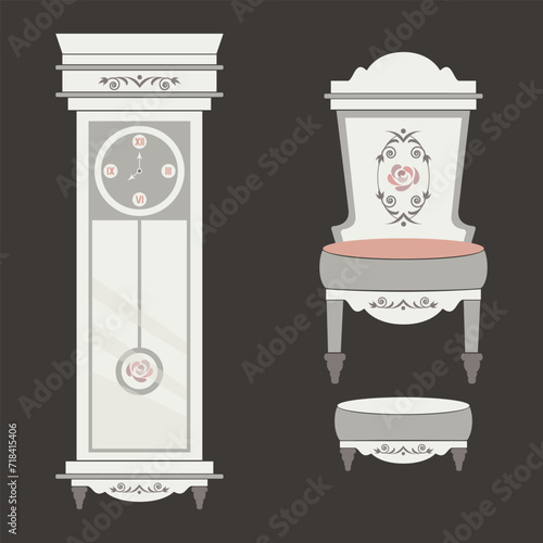 watch clocks arm chair vector illustration cute baroque, shabby chic or classic style luxury interior cabinets vintage