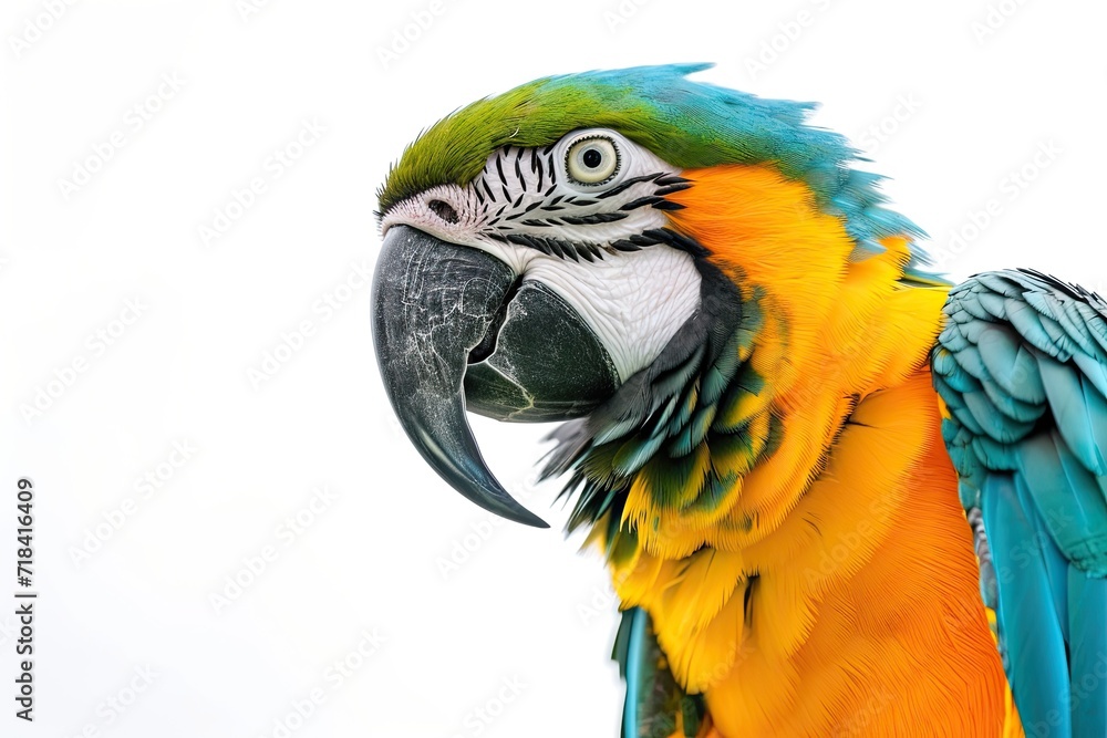 Portrait right side view of Blue and Gold Macaw on white background AI Generative Portrait right side view of Blue and Gold Macaw on white background AI Generative