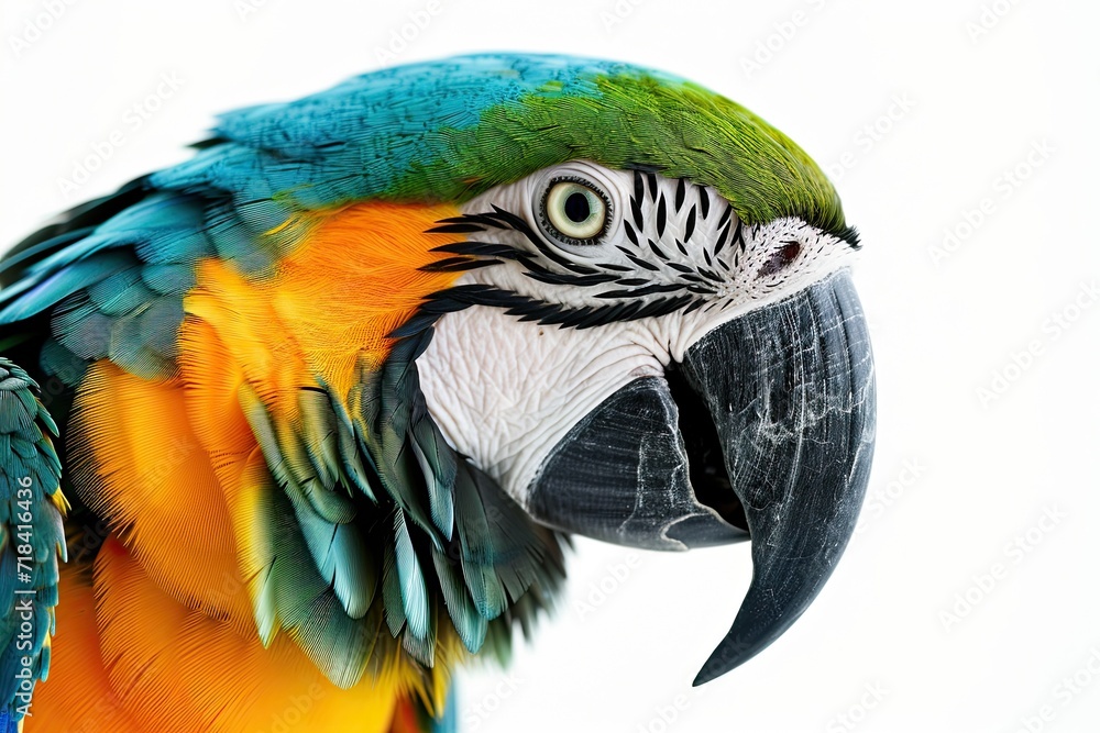 Portrait macro side view of Blue and Gold Macaw on white background AI Generative