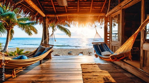 Tropical Beach Paradise with Hammocks, Idyllic Vacation at Caribbean Coast, Maldives Sunset, Relaxation and Luxury at Seaside Resort, Exotic Holiday with Clear Blue Waters and Palm Trees