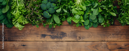 Verdant selection of vegetables on timber, ideal for vegan nourishment. Copy space, banner
