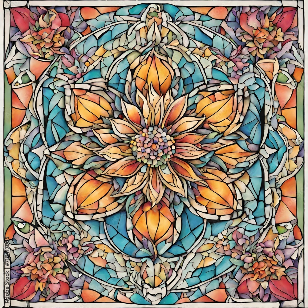 Stained Glass, Mosaic Abstract Flower Pattern Background Stained Glass, Mosaic Abstract Flower Pattern Background