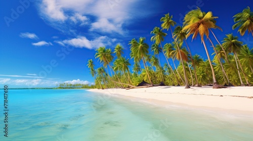 beautiful beach and tropical sea with green coconut trees  clear blue sky