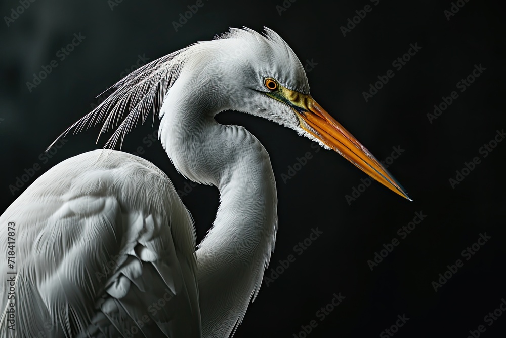 Obraz premium Portrait side view of Great Egret standing in studio isolated on black background AI Generative
