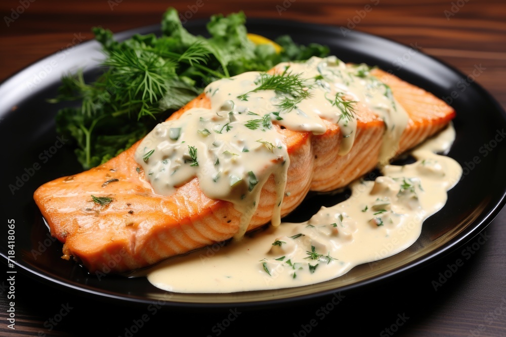 Salmon with sauce on plate