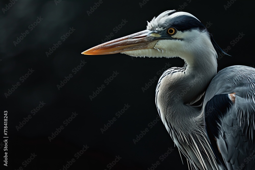 Fototapeta premium Side view of Grey Heron on black background AI Generative