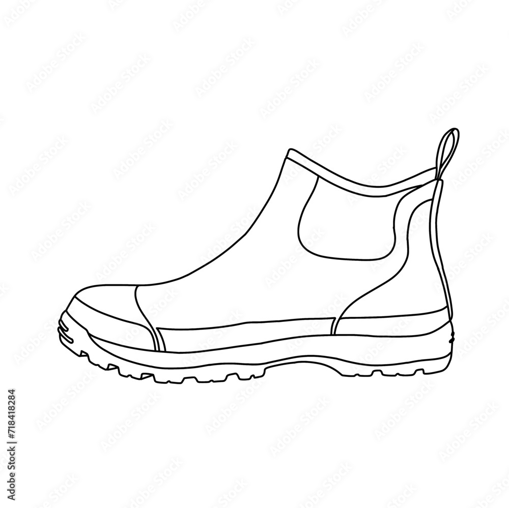 Template vector  of Men's Ankle Rain Boots Line art. Hand drawn doodle sketch, side view. suitable for your Boots shoes design, Isolated on white background