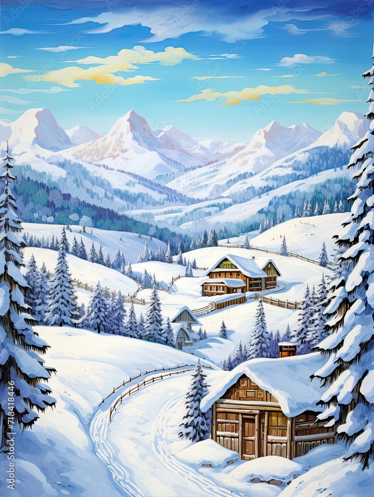 Fototapeta premium Winter Wonderland: Alpine Village Painted on Snow-Covered Meadows
