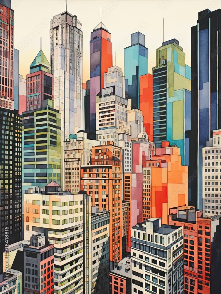 Obraz premium Vintage Cityscape Print: Art Deco City Buildings Wall Art for an Iconic Urban Charm