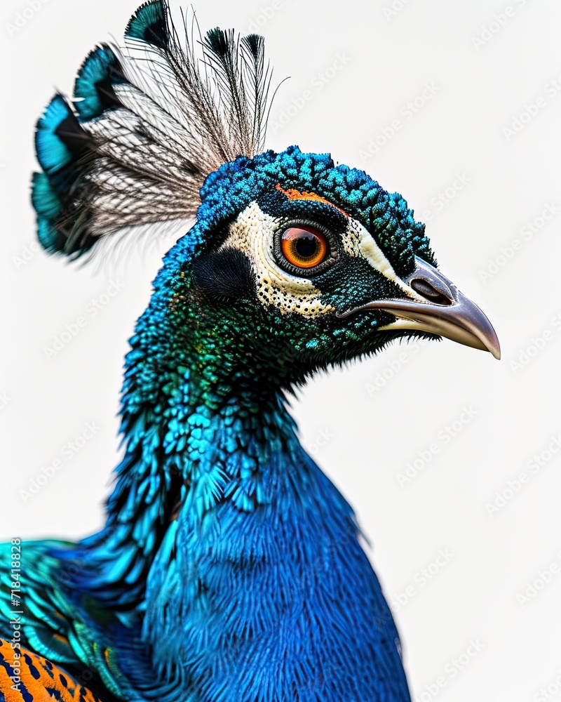 Portrait macro beautiful majestic blue peacock isolated on white AI Generative
