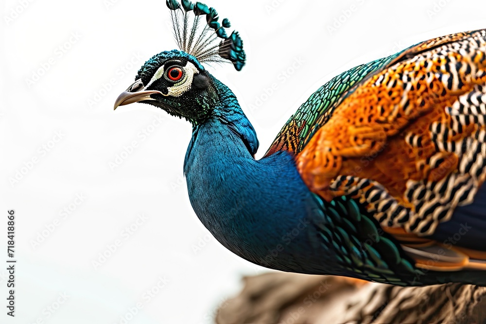 Fototapeta premium Right side view portrait of Indian Peacock standing on old log AI Generative
