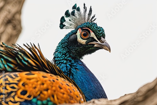 Portrait macro Peacock isolated on white background AI Generative