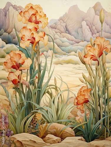 Sandy Hues: Art Nouveau Floral Patterns, Desert Landscapes, and Floral Designs