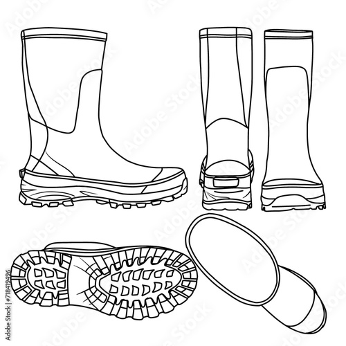 Template vector of Waterproof Rubber Tall Boot Rain Line art. Hand drawn side, front, rear, top, and bottom view. suitable for your Boots shoes design, Isolated on white background