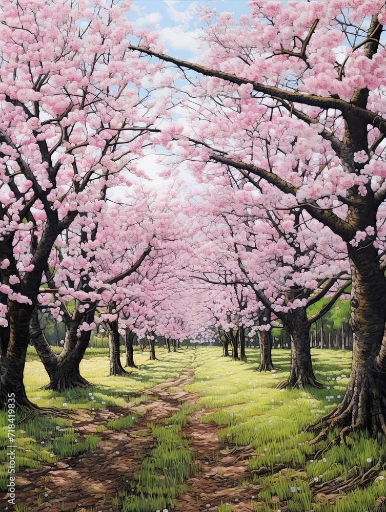Blooming Cherry Blossom Meadows: Enchanting Cherry Trees in Field