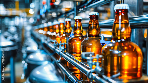Alcohol Bottles in Industrial Brewery, Beverage Production and Glass Manufacture, Beer Technology and Equipment, Modern Factory and Conveyor Line, Automated and Business Operation
