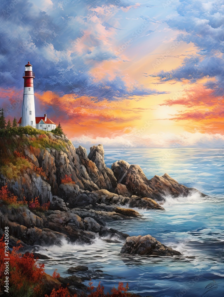 Fototapeta premium Coastal New England Lighthouses: Mountainous Landscape Art featuring a Lighthouse amidst Majestic Mountains