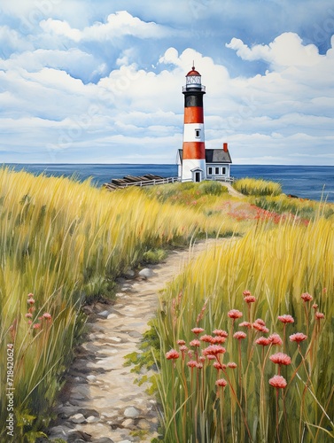 Coastal New England Lighthouses Meadow Painting - Lighthouse near Meadow Scene photo