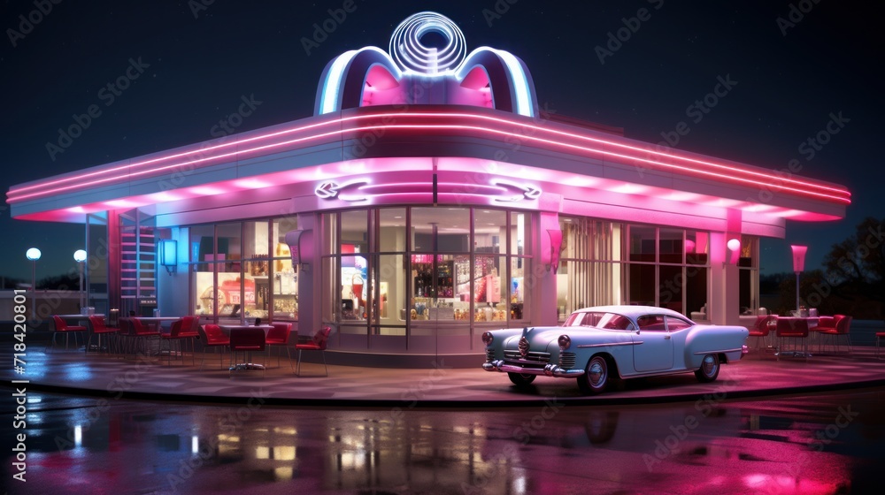 A s-style diner lit up with neon  AI generated