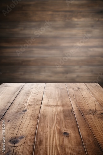 A bare wooden tabletop against a nondescript and blurry backdrop AI generated