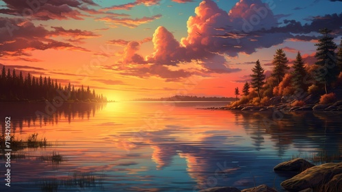 A breathtaking sunset scene over a serene lake with warm hues reflecting on the calm water creating a peaceful and picturesque landscape AI generated