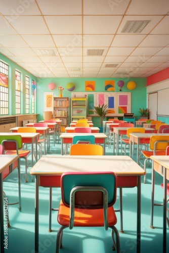 A bright and colorful classroom devoid of students  AI generated