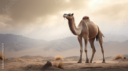  a camel standing in the middle of a desert with mountains in the background and a cloudy sky in the background.