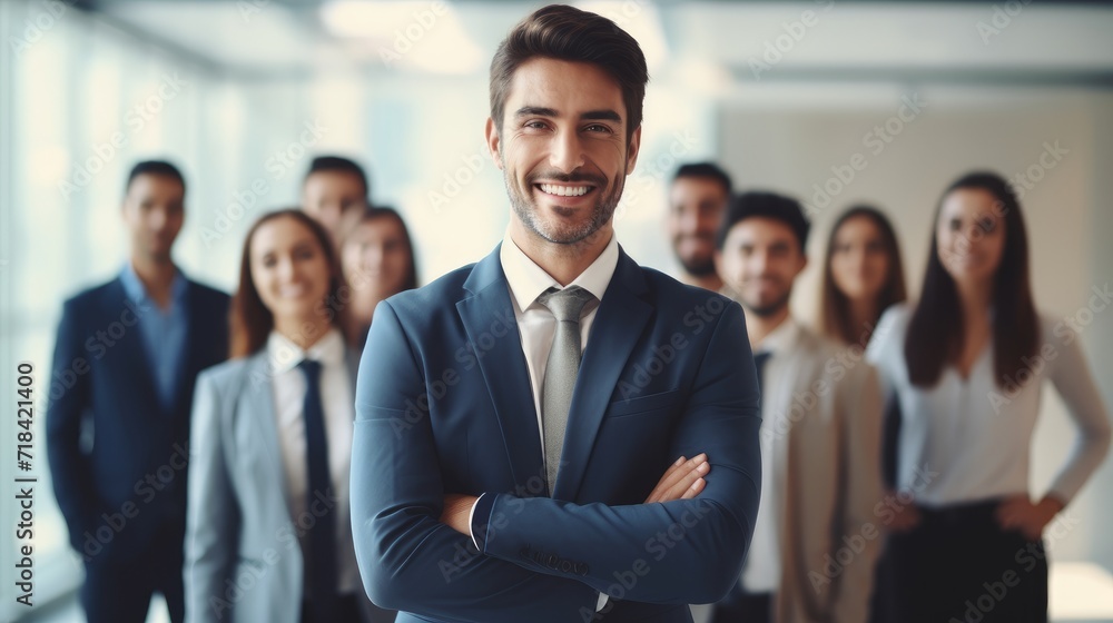A charismatic business leader standing ahead of his cheerful team in a corporate office environment AI generated A charismatic business leader standing ahead of his cheerful team in a corporate office environment AI generated