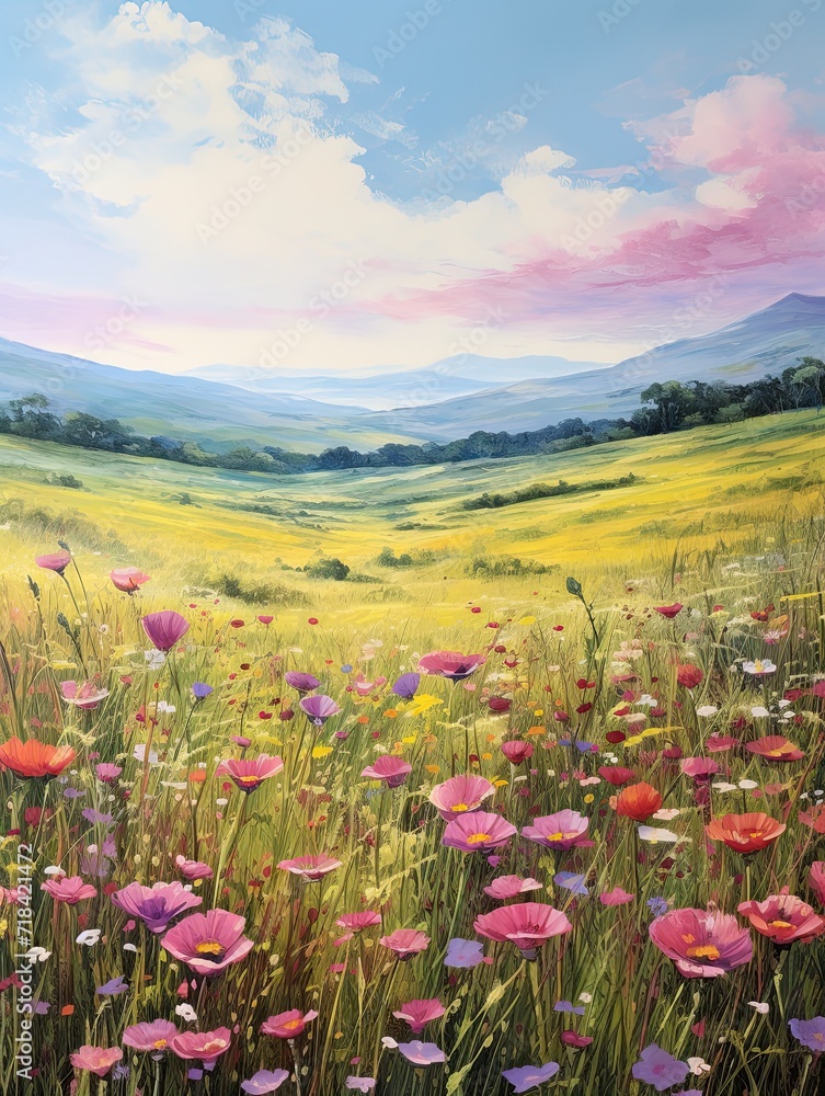 English Countryside Meadows: Majestic Mountain Landscape Art with Foothill Meadows