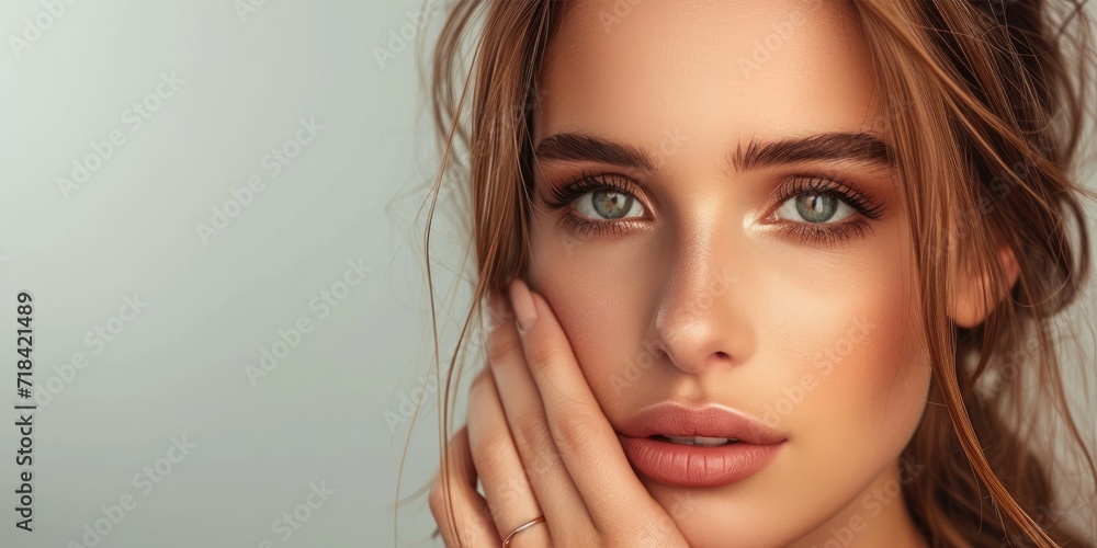 © piai - A gorgeous slightly smiling young woman wearing a ring on a hand touching chin © piai - A gorgeous slightly smiling young woman wearing a ring on a hand touching chin