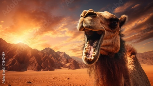  a camel with it's mouth open and it's mouth wide open in front of a mountain range. photo
