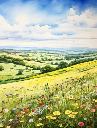 English Countryside Meadows - Panoramic Meadow Landscape Poster VIEW