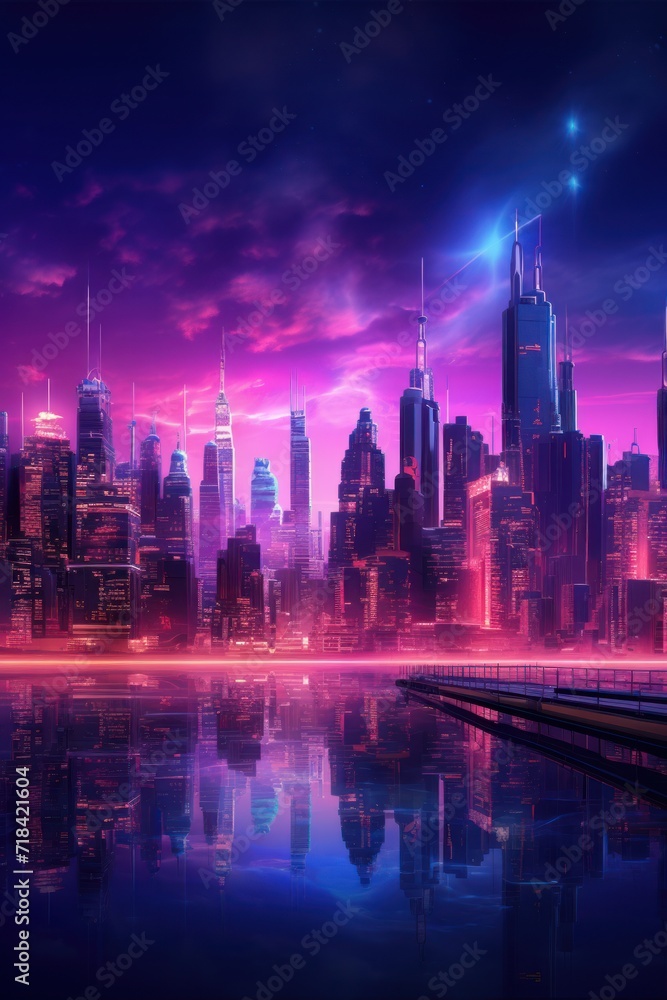 A city skyline bathed in neon light  AI generated