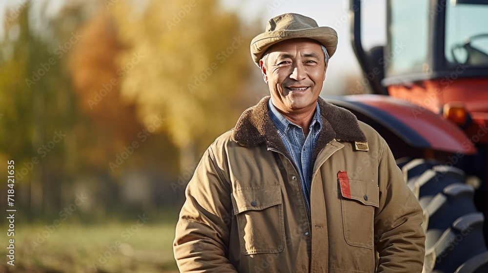 Asian senior male farmer standing next to the tractor 