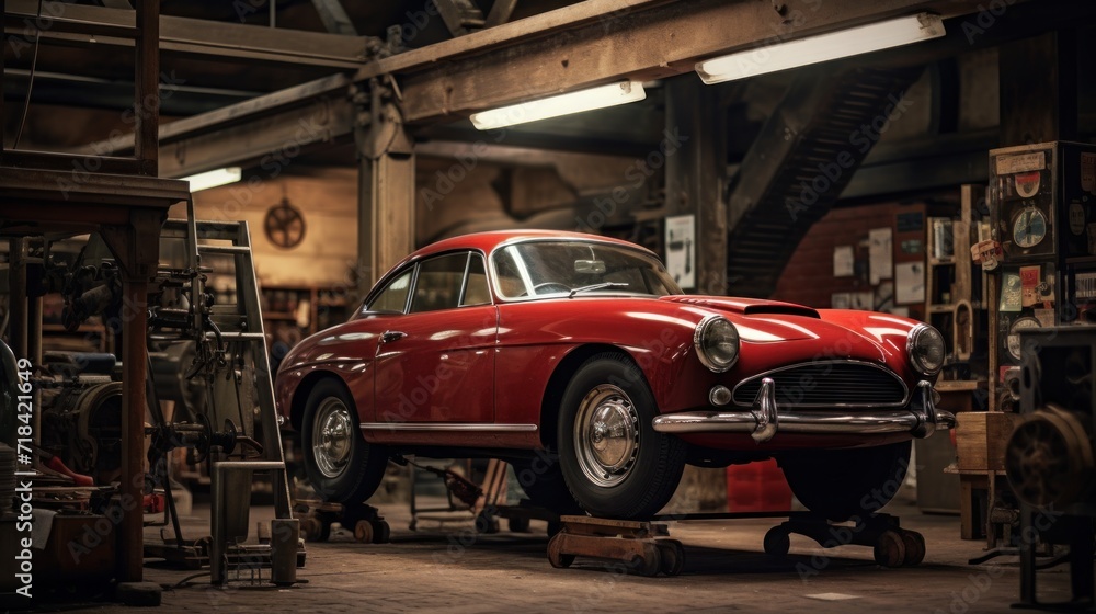 A classic car on a lift in a vintage styled garage  AI generated