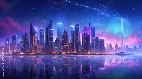 A city skyline bathed in neon light AI generated