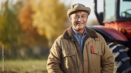 Asian senior male farmer standing next to the tractor 