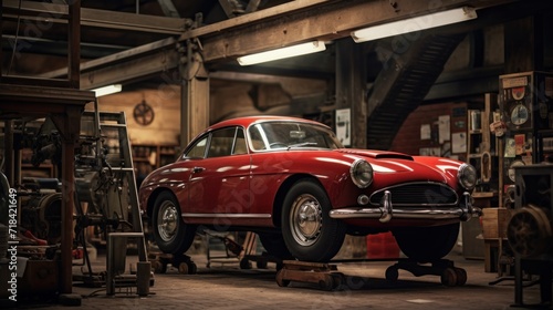 A classic car on a lift in a vintage styled garage AI generated