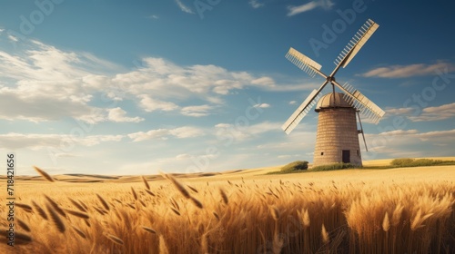 A classic windmill standing tall in a golden wheat field blending rural simplicity with agricultural charm  AI generated