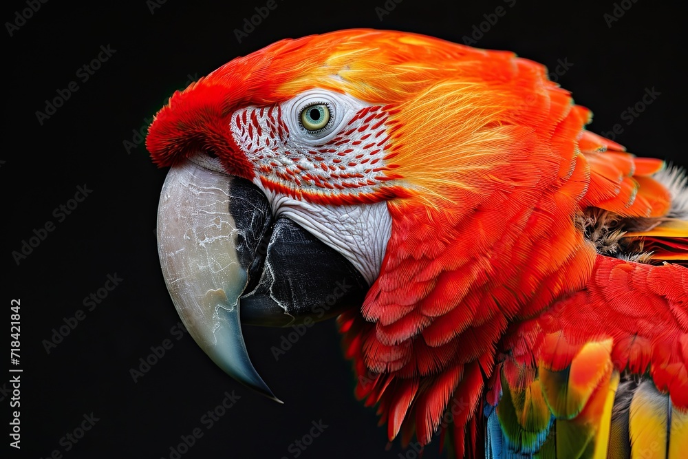 Side view macro of Scarlet Macaw on the dark background AI Generative