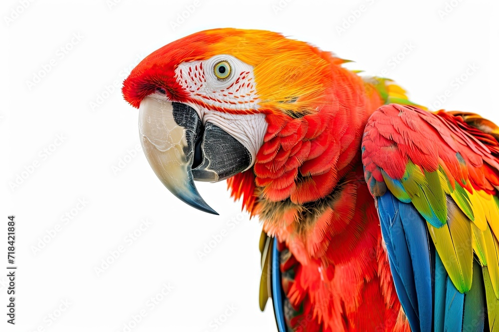 Obraz premium Scarlet Macaw in Focus Tropical Splendor on white background AI Generative