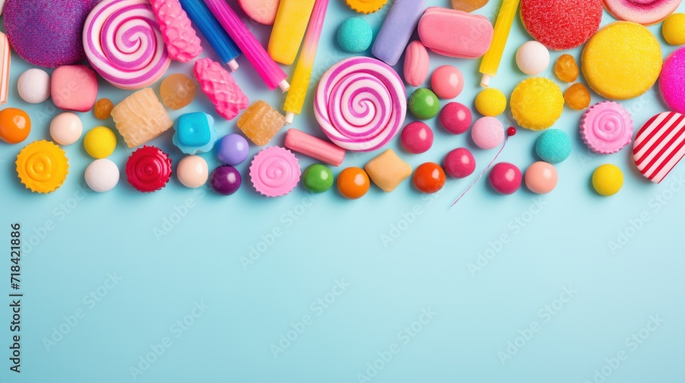 Fototapeta premium A colorful flat lay of different candies and sweets on a pastel background AI generated