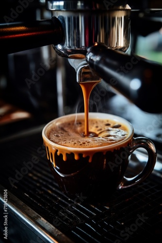 A close-up of velvety dark espresso flowing from a coffee machine at a local cafe AI generated