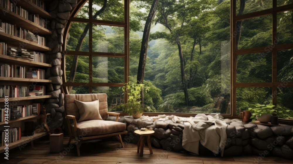 Fototapeta premium A cozy reading nook with a view of nature AI generated