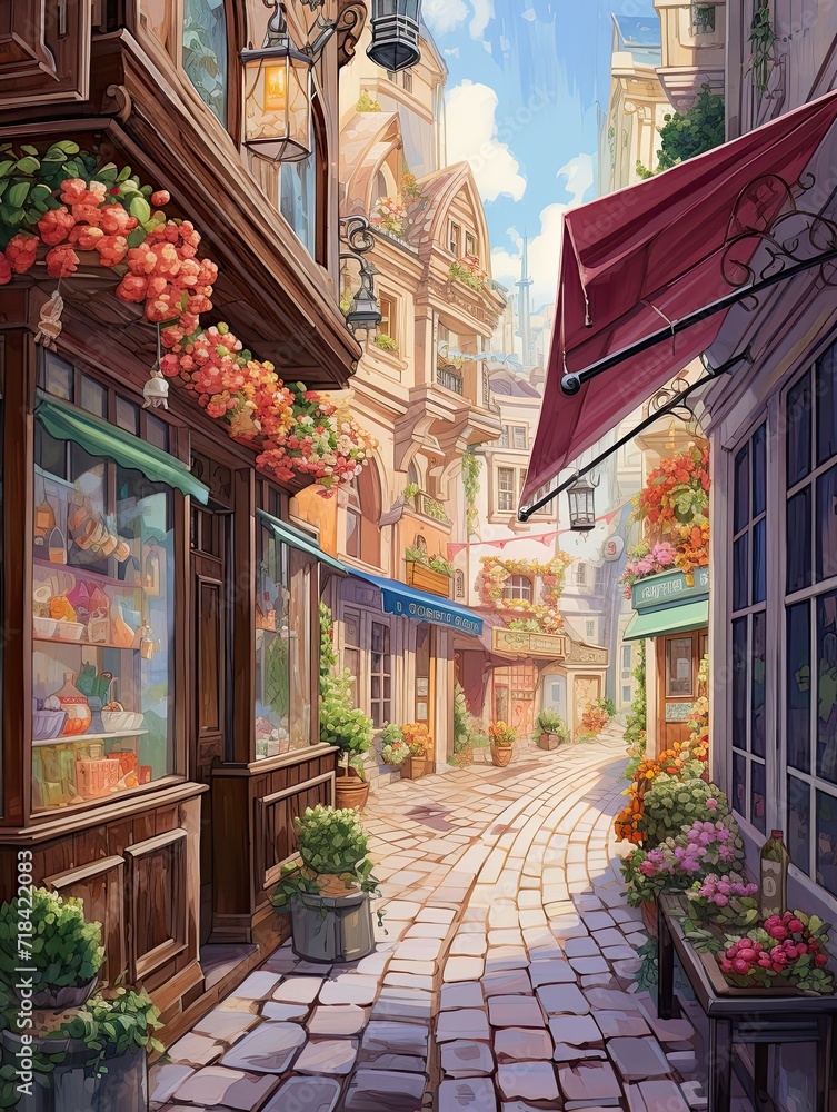 Valley Patisserie Scene: Enchanting French Storefronts Artwork Capturing the Flavors of a Dreamy Valley