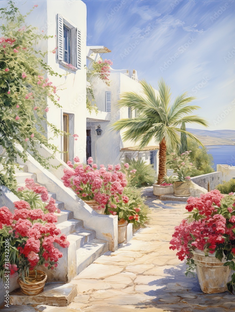 Fototapeta premium Greek Isle Whitewashed Villas Garden Scene Art: Stunning Mediterranean Gardens in Greek Villas