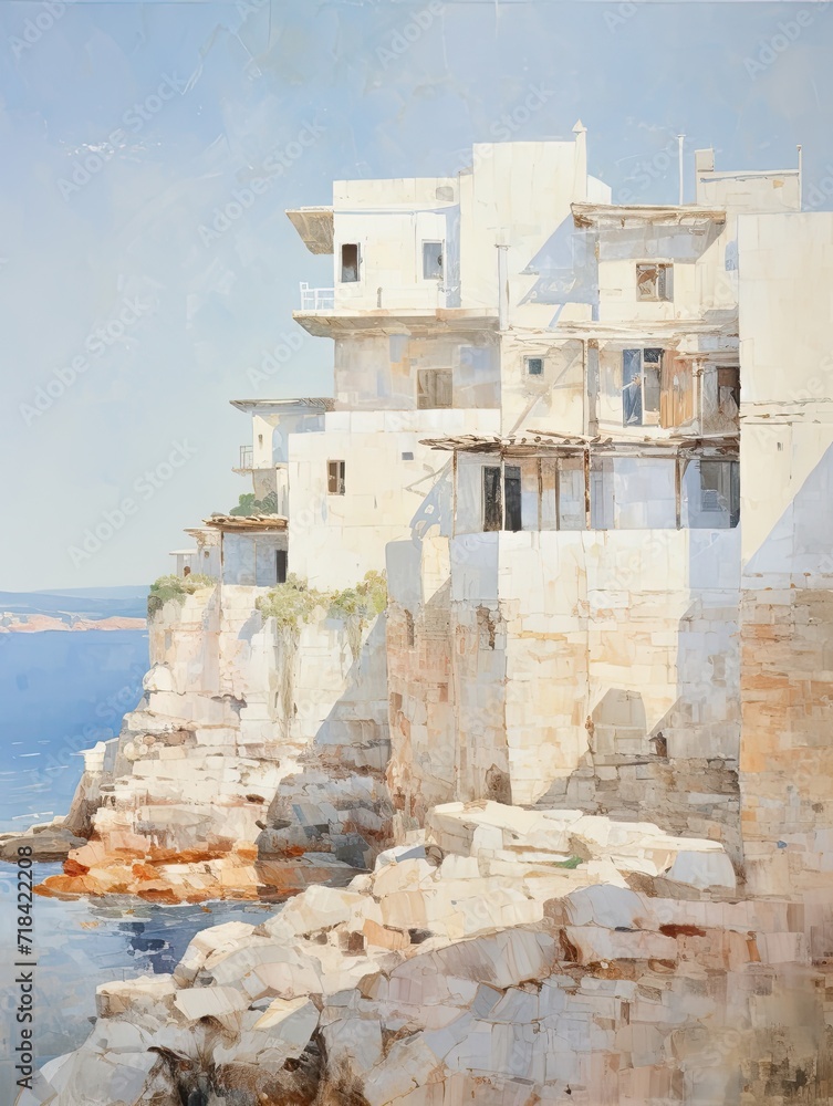 Greek Isle Whitewashed Villas: Iconic Artwork showcasing the Charming Homes of a Greek Island
