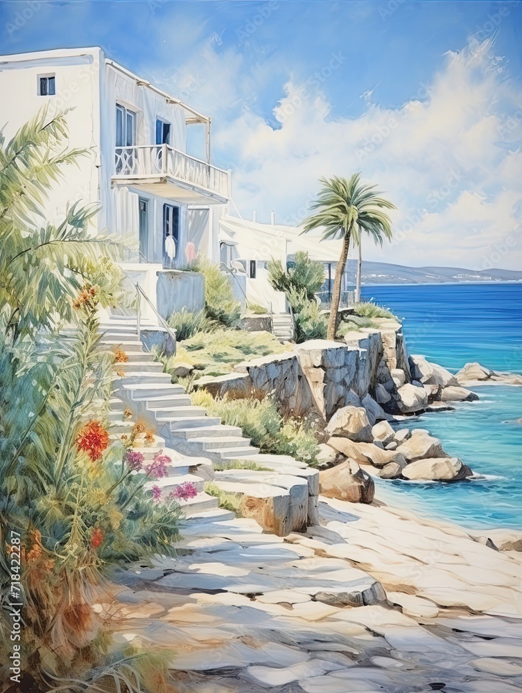Fototapeta premium Greek Isle Whitewashed Villas Riverside Painting: Stunning Villas by Island Streams