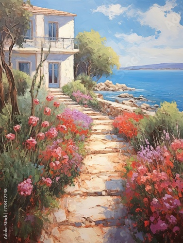 Greek Isle Whitewashed Villas: Pathway Painting to Seafront Villa